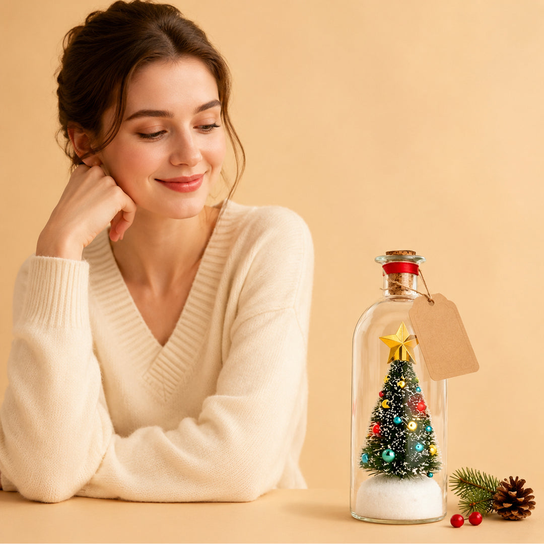 Mini lit Christmas tree in a glass bottle