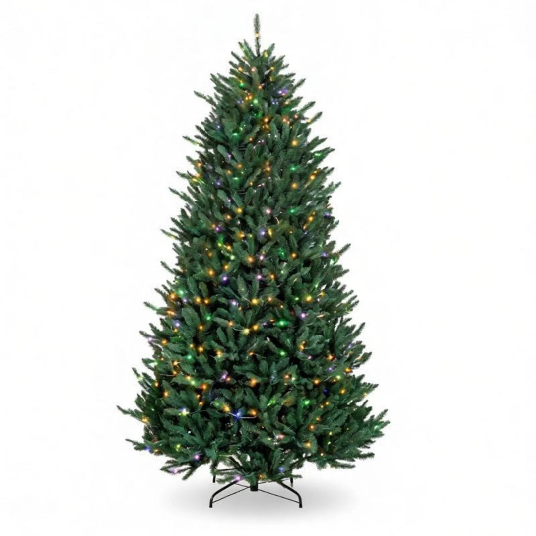 Full 9 ft pre-lit Christmas tree glowing