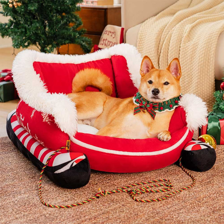 Hendrano™ Sleigh-Shaped Dog Bed with Plush Faux Fur for Cozy Winters