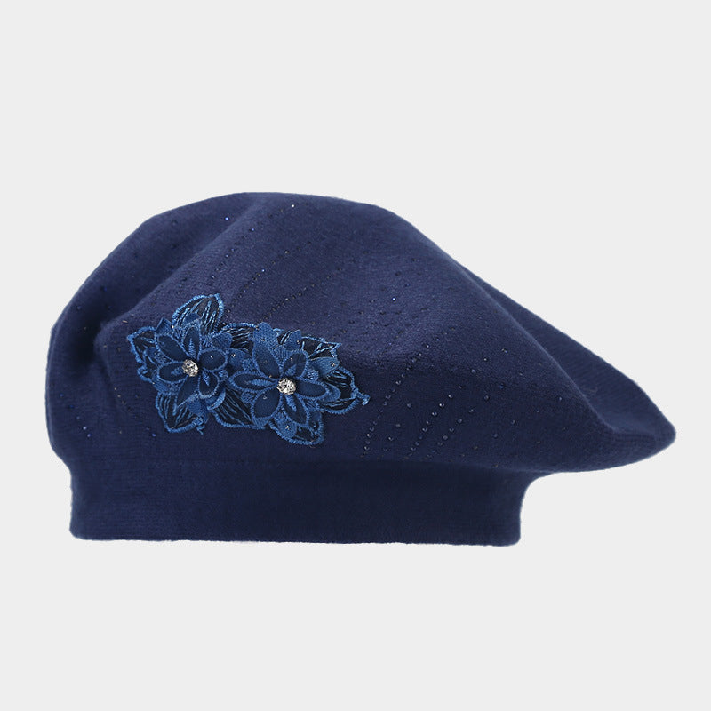 French knit beret with flower and rhinestones