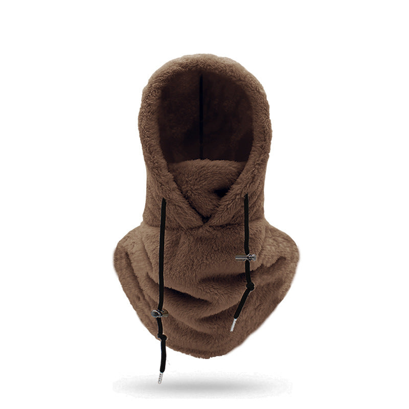 Woman wearing a plush hooded scarf