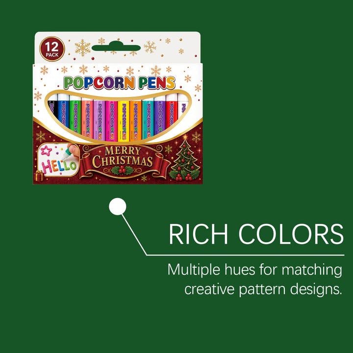 Twelve colorful puffy paint pens with Christmas drawings