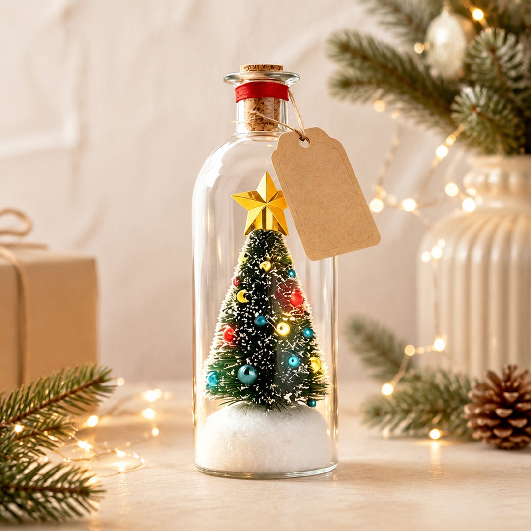 Mini lit Christmas tree in a glass bottle