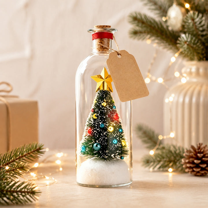 Mini lit Christmas tree in a glass bottle