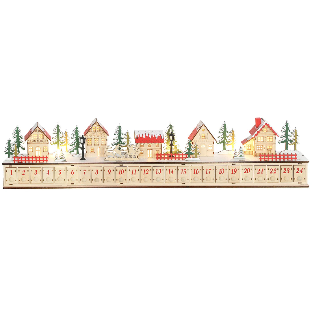 Long lighted wooden advent calendar on mantel