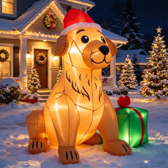 Hendrano 5 ft Inflatable Golden Retriever in a Santa Hat