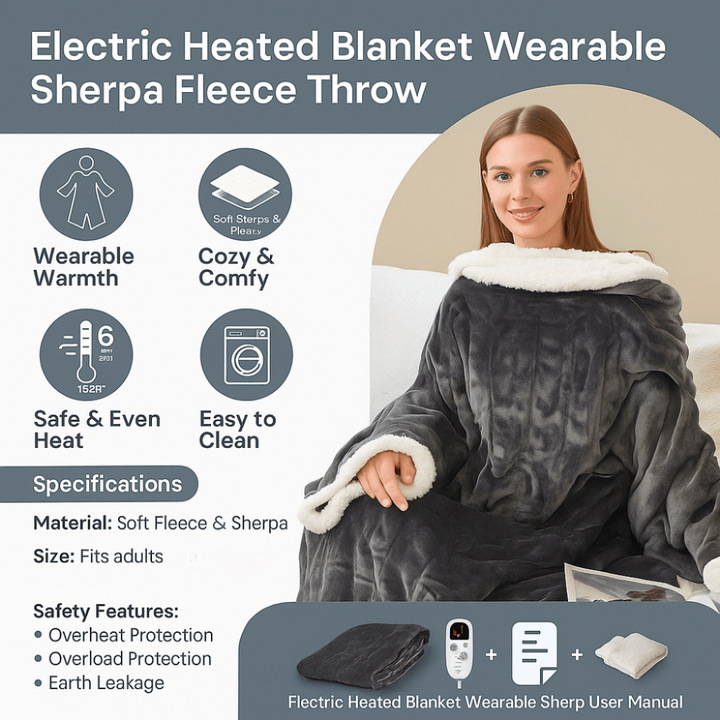 Electric Heated Wearable Blanket with Sleeves and Foot Pocket Sherpa Fleece Throw