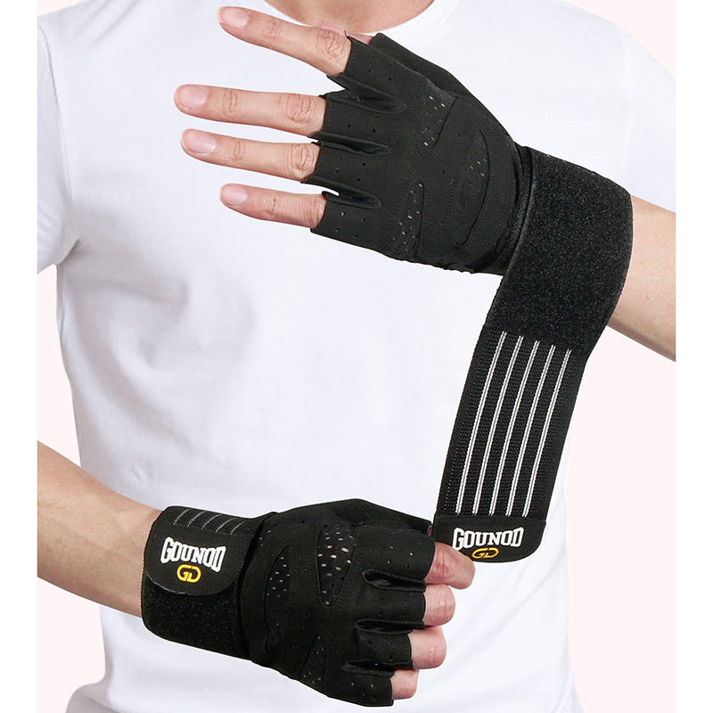 Black half-finger gym gloves with wrist wrap