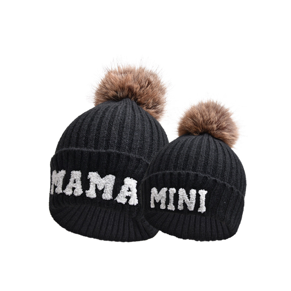 MAMA and MINI pompom beanie set