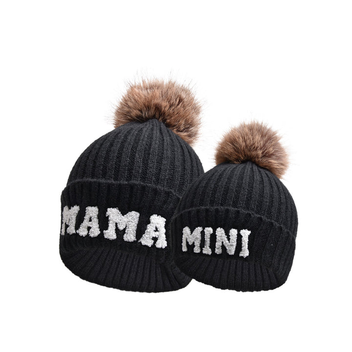 MAMA and MINI pompom beanie set