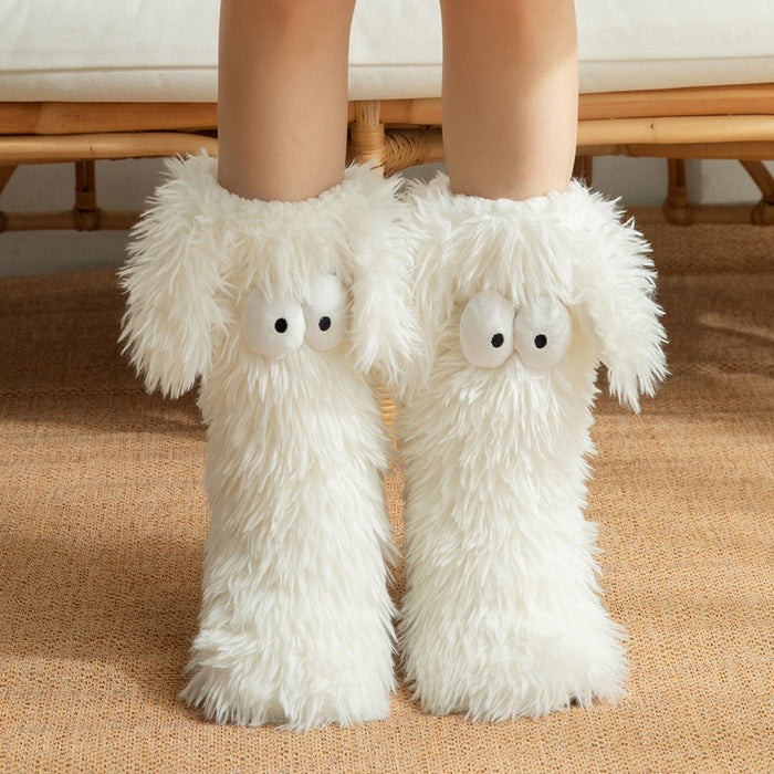 Hendrano Fluffy Snow Socks with Cartoon Eyes and Grip Sole