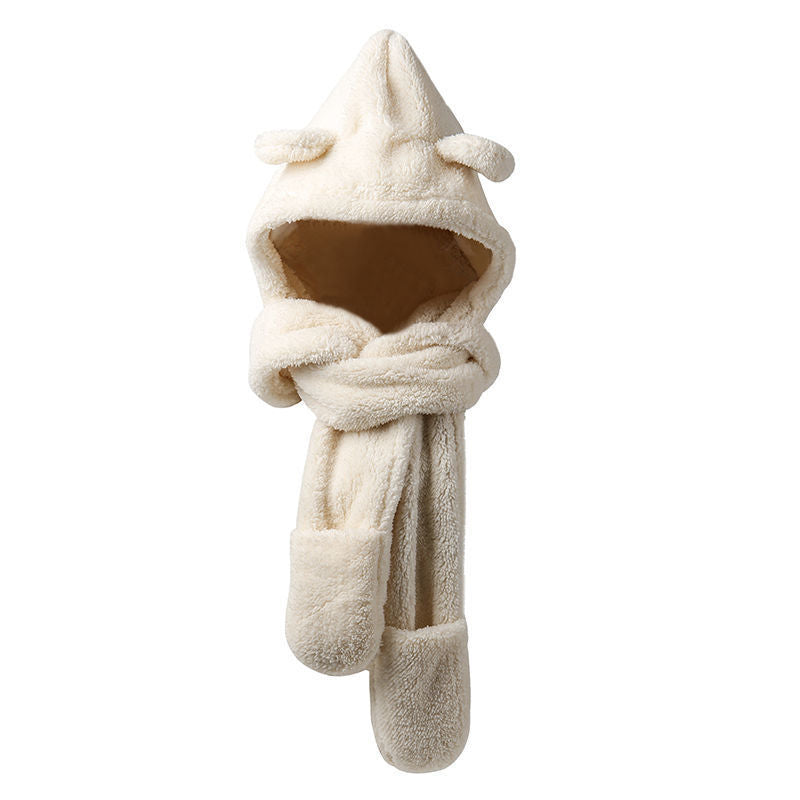 Woman wearing a teddy hood with bear ears