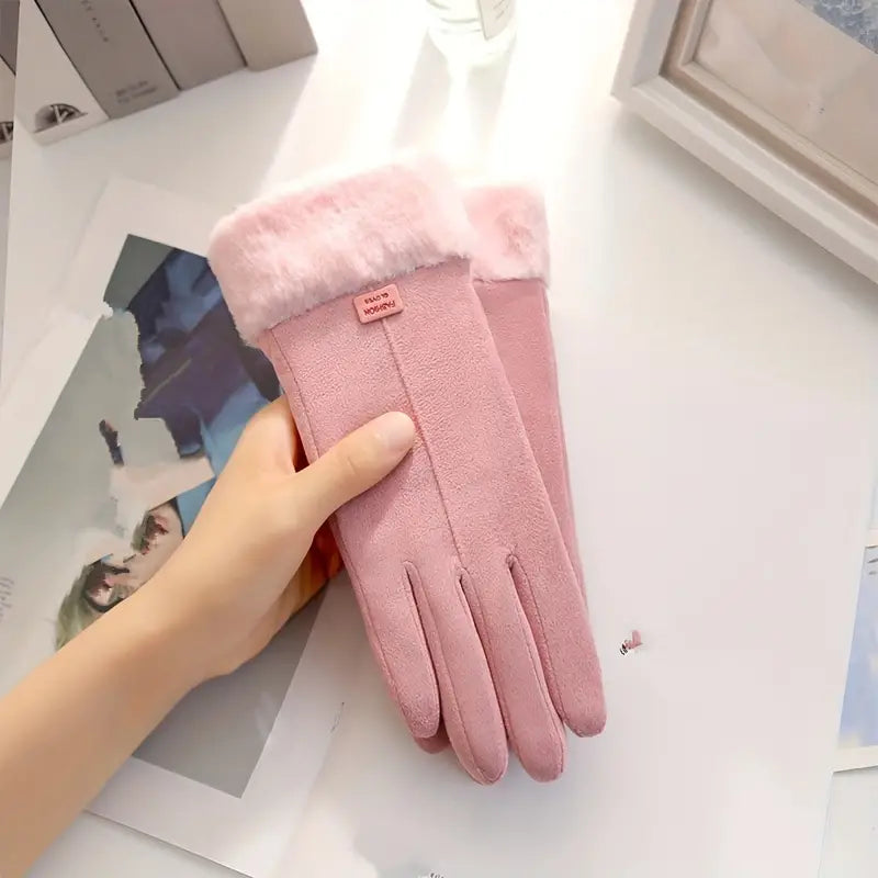 Warm Suede Gloves with Soft Velvet Lining and Plush Cuff