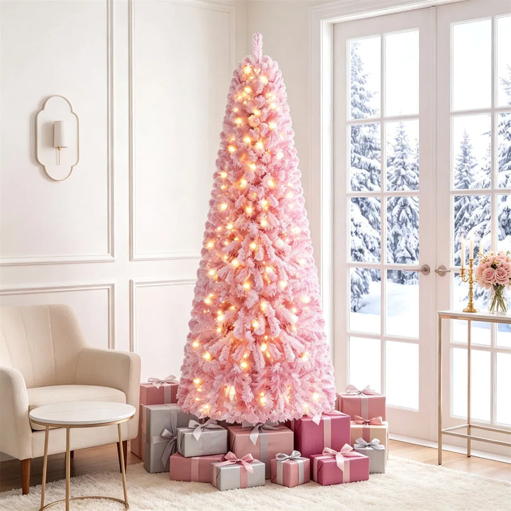 Pink flocked Christmas tree with warm lights