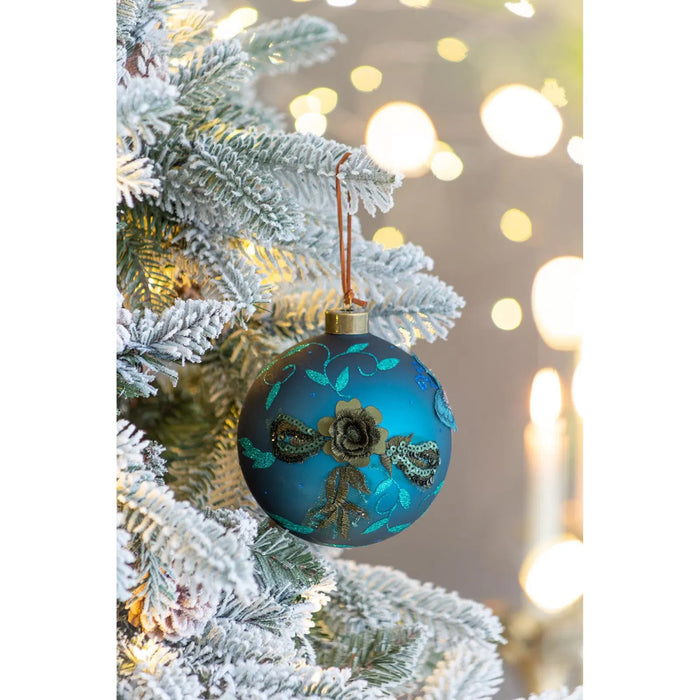 Hendrano Teal Glass Christmas Ornaments with Glitter, Set of 4