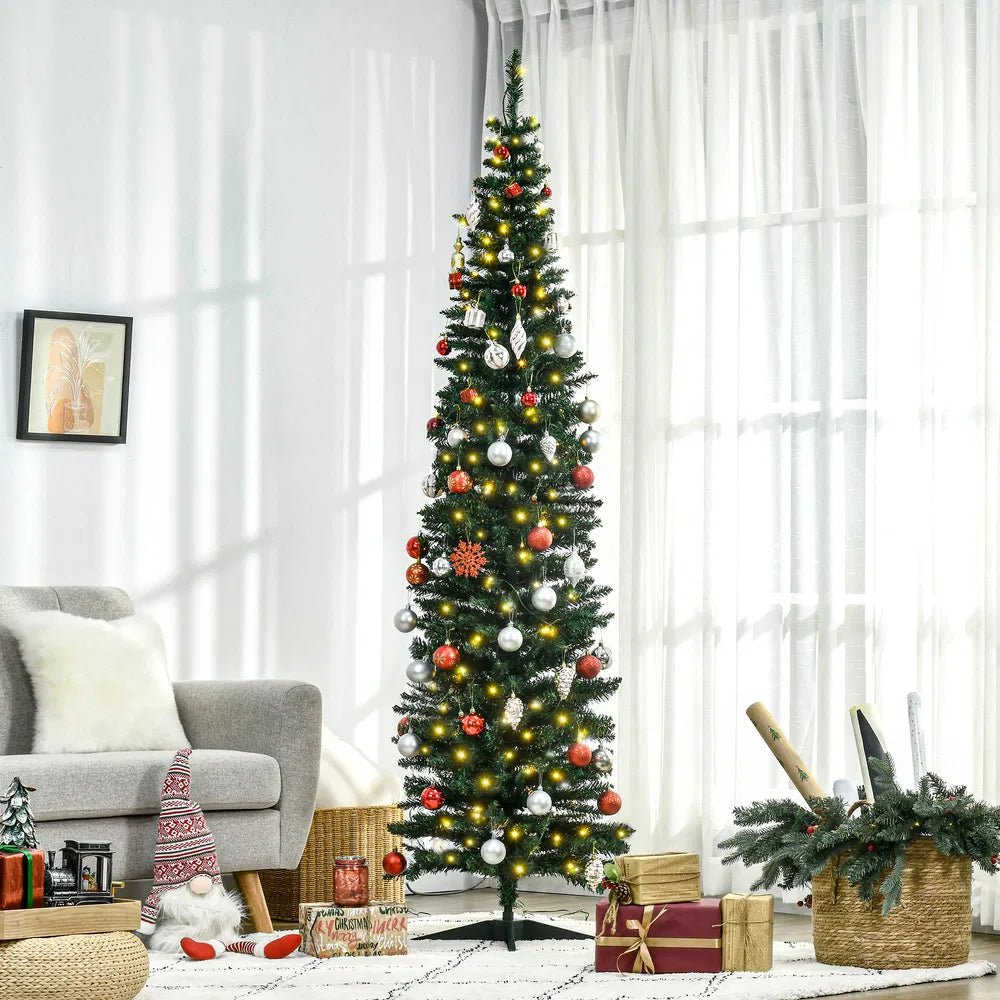 Slim pre-lit green pencil Christmas tree glowing
