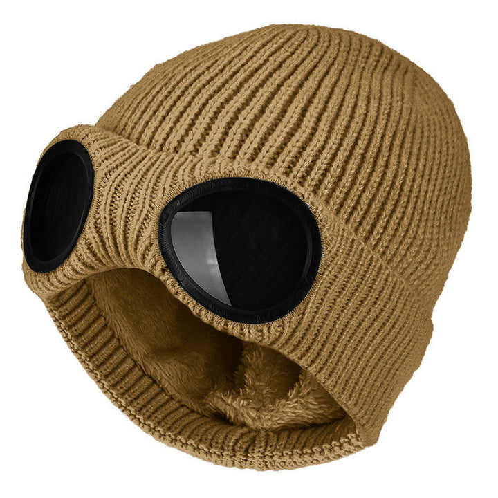 Knit beanie with flip-up goggles on front