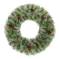 Two lit Christmas wreaths on a front door