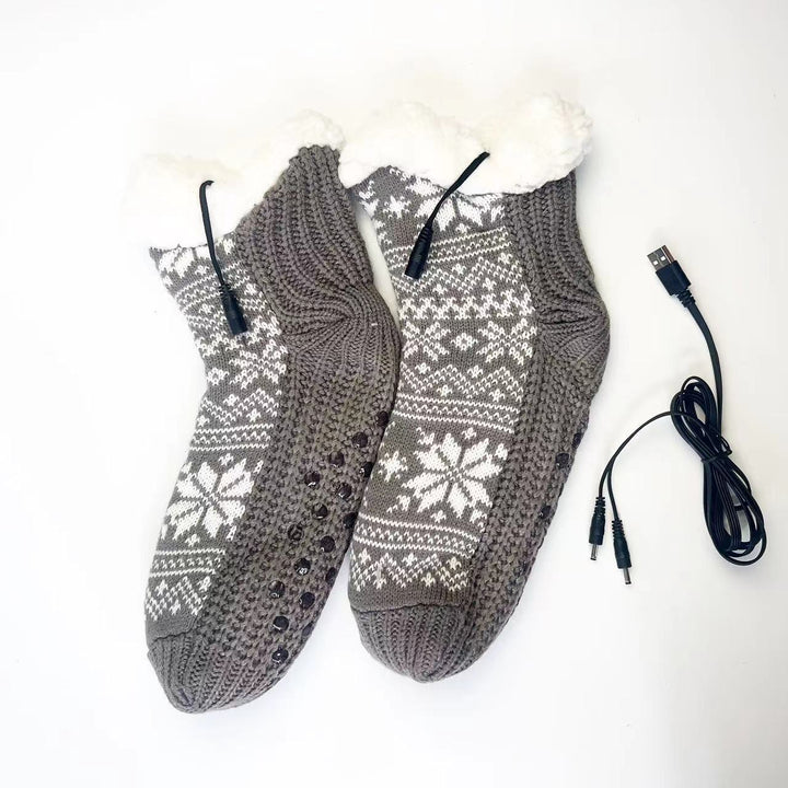Red USB heated snowflake knit socks