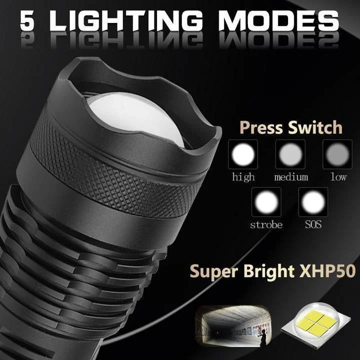 Hendrano™ Rechargeable XHP50 LED Flashlight with Zoom and Battery Indicator