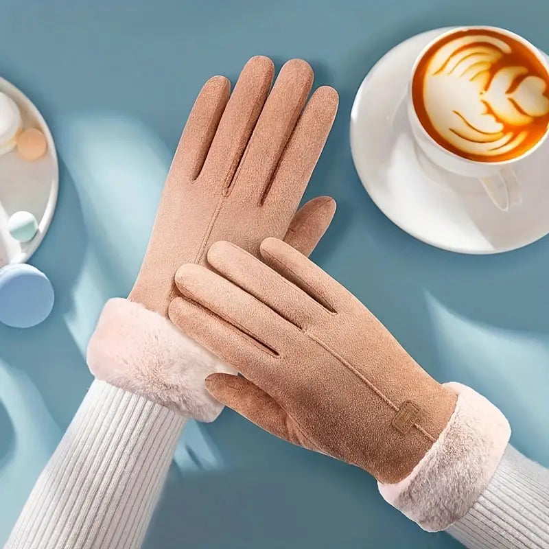 Warm Suede Gloves with Soft Velvet Lining and Plush Cuff