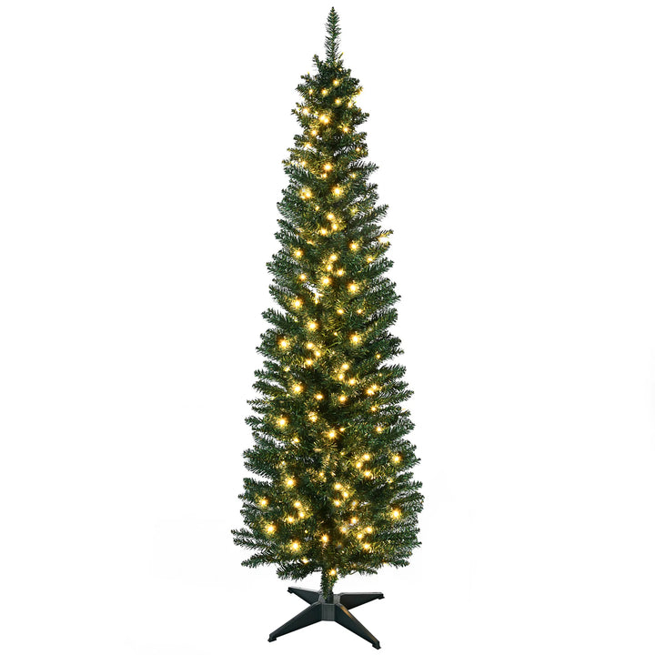 Slim pre-lit green pencil Christmas tree glowing