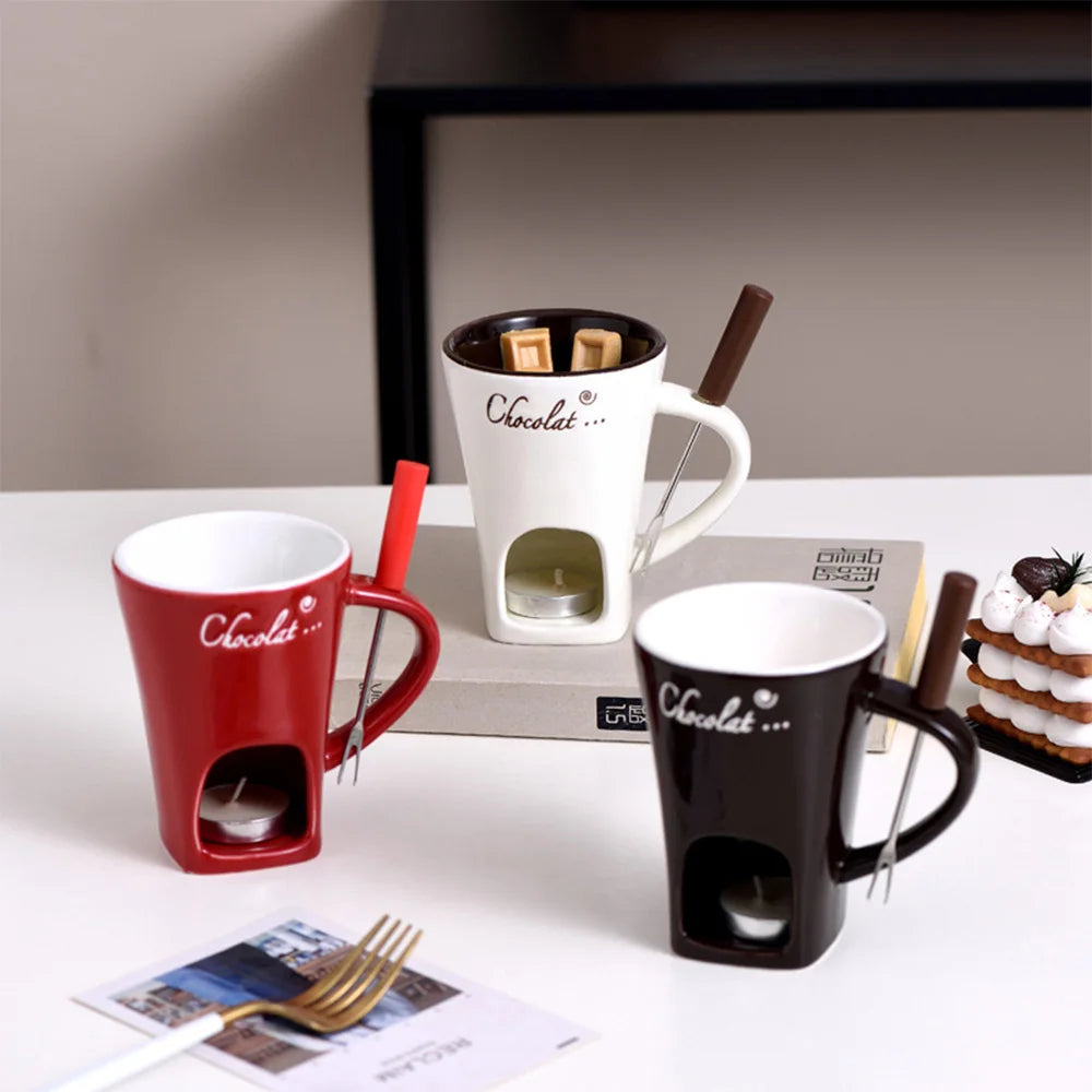 Ceramic fondue mug with fork and tealight