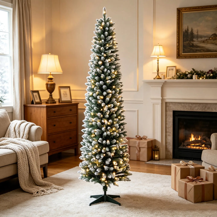 Slim frosted pencil tree with lights