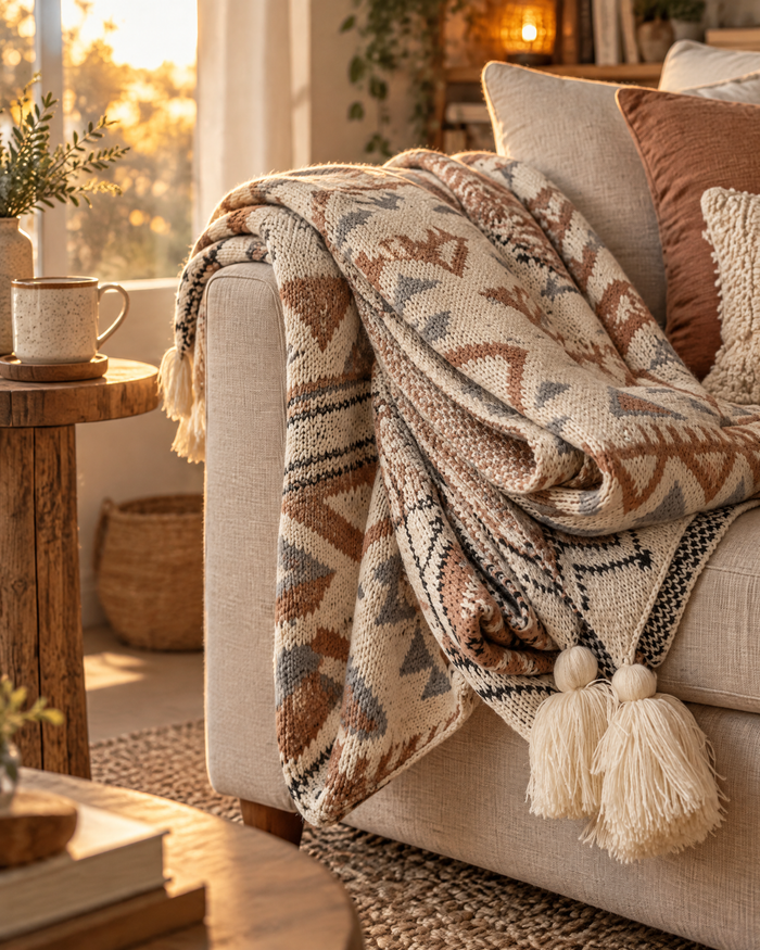 Hendrano™ Boho Knit Throw Blanket with Tassels in Soft Neutral Beige