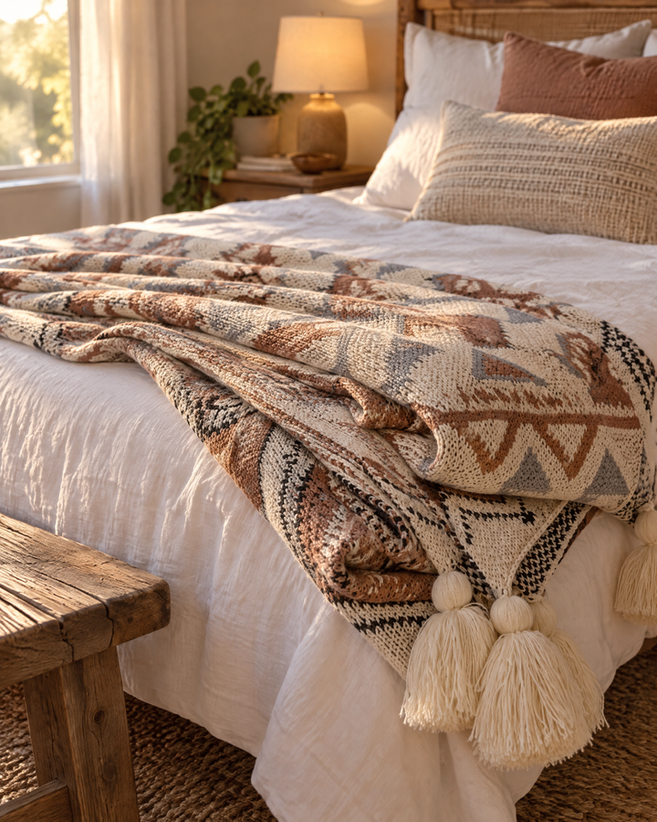 Boho Knit Throw Blanket with Tassels in Soft Neutral Beige