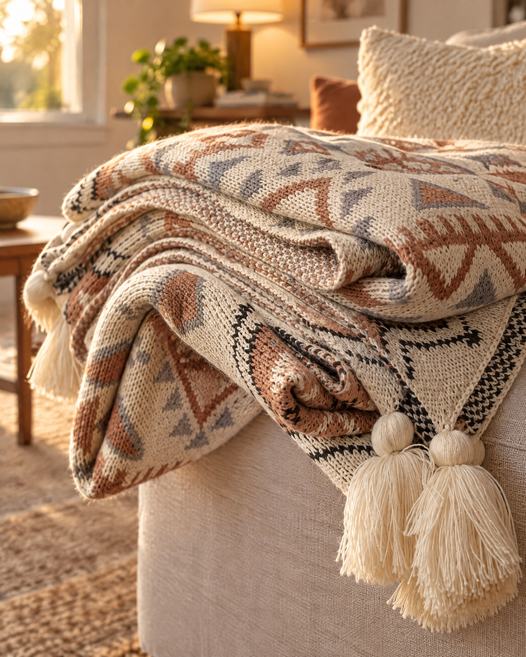 Boho Knit Throw Blanket with Tassels in Soft Neutral Beige