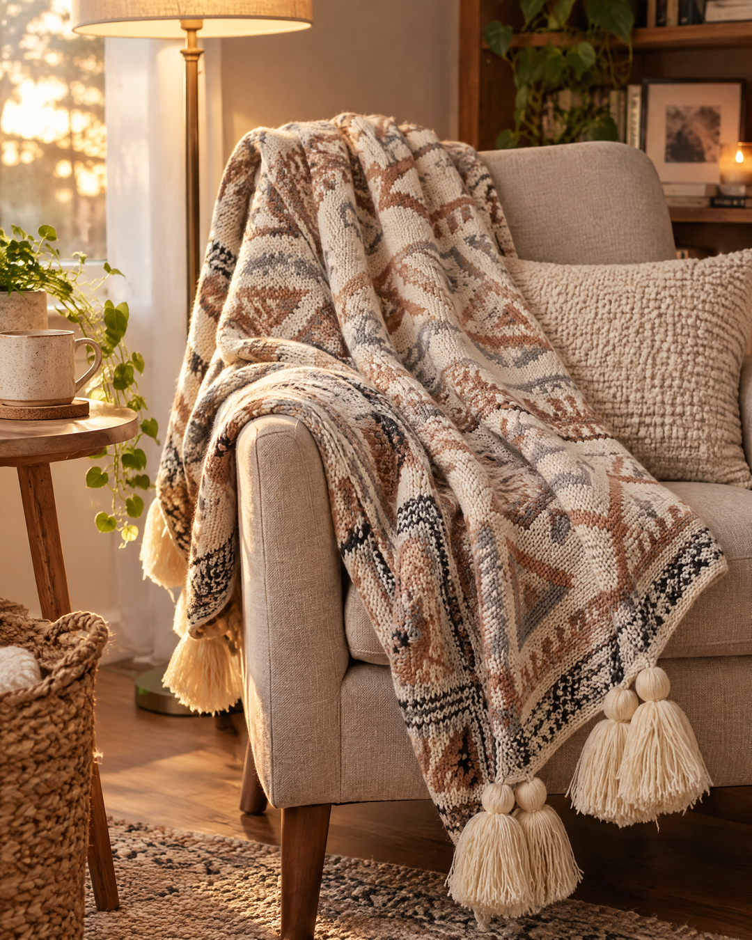 Boho Knit Throw Blanket with Tassels in Soft Neutral Beige
