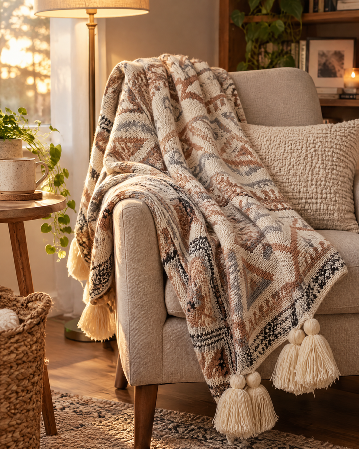 Boho Knit Throw Blanket with Tassels in Soft Neutral Beige