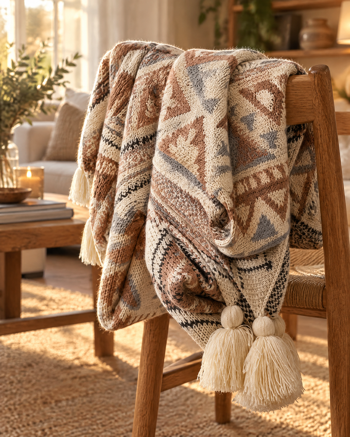 Boho Knit Throw Blanket with Tassels in Soft Neutral Beige