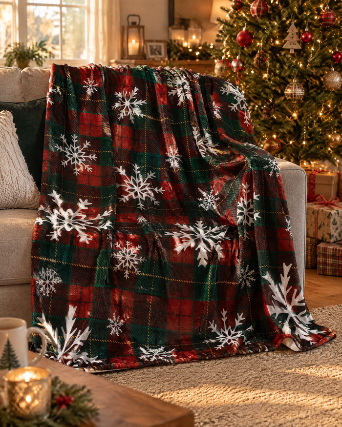 Hendrano™ Christmas Buffalo Plaid Fleece Throw Blanket with Snowflakes