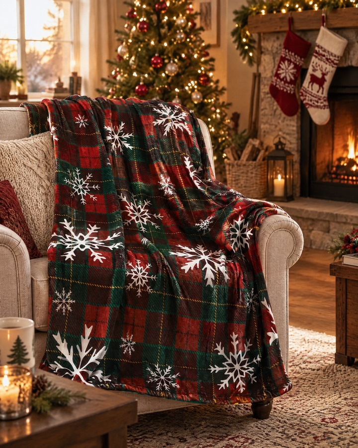 Christmas Buffalo Plaid Fleece Throw Blanket with Snowflakes