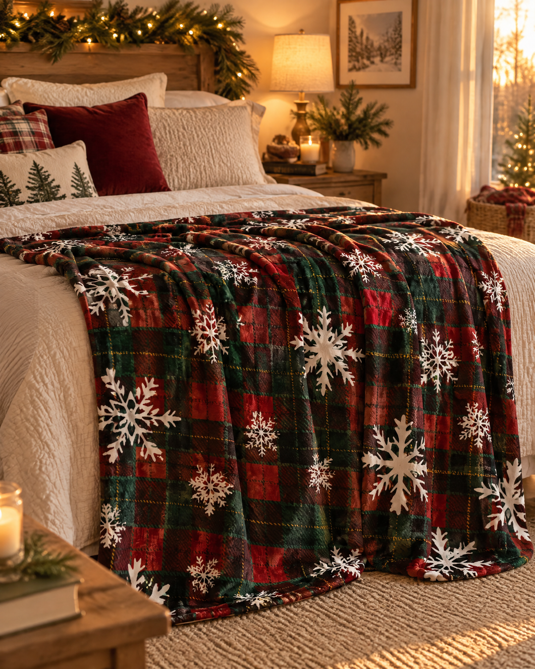 Christmas Buffalo Plaid Fleece Throw Blanket with Snowflakes