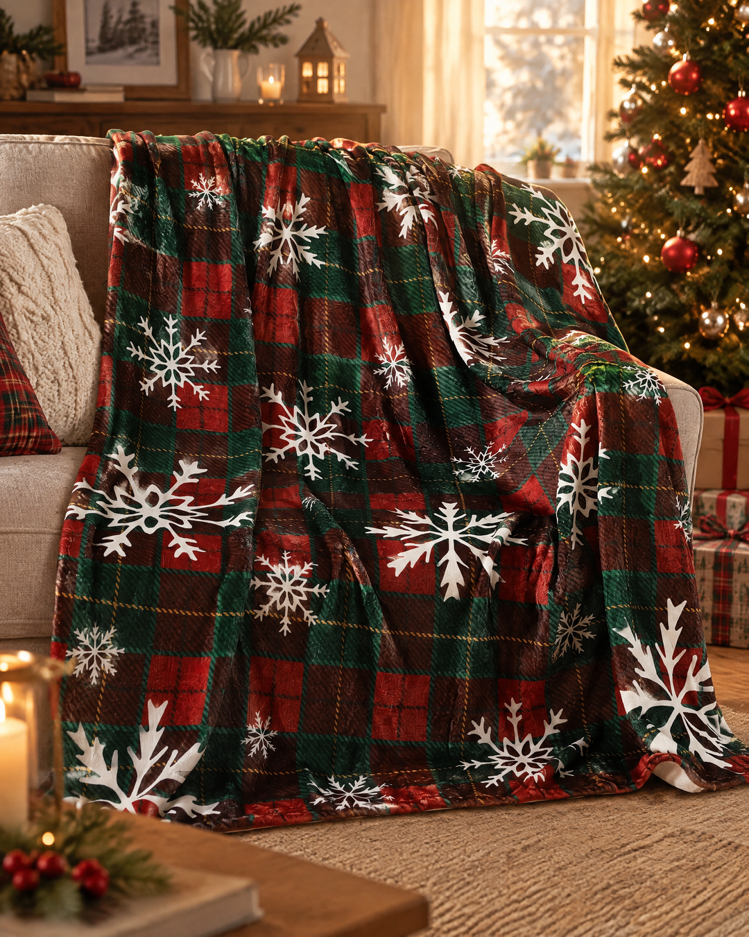 Christmas Buffalo Plaid Fleece Throw Blanket with Snowflakes