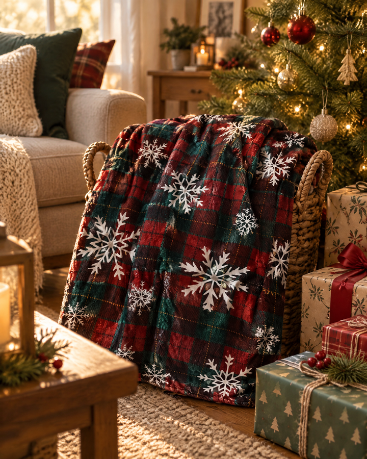 Christmas Buffalo Plaid Fleece Throw Blanket with Snowflakes