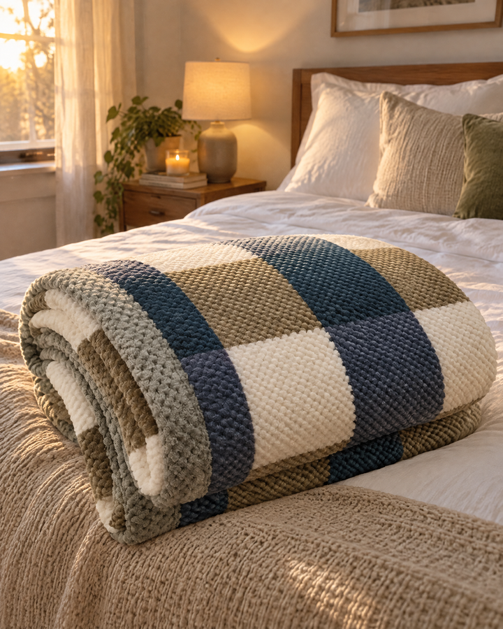 Chunky Chenille Knit Throw Blanket in Checkered and Stripe Designs