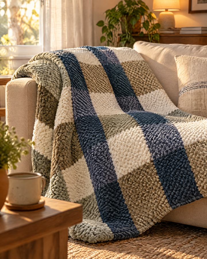 Chunky Chenille Knit Throw Blanket in Checkered and Stripe Designs