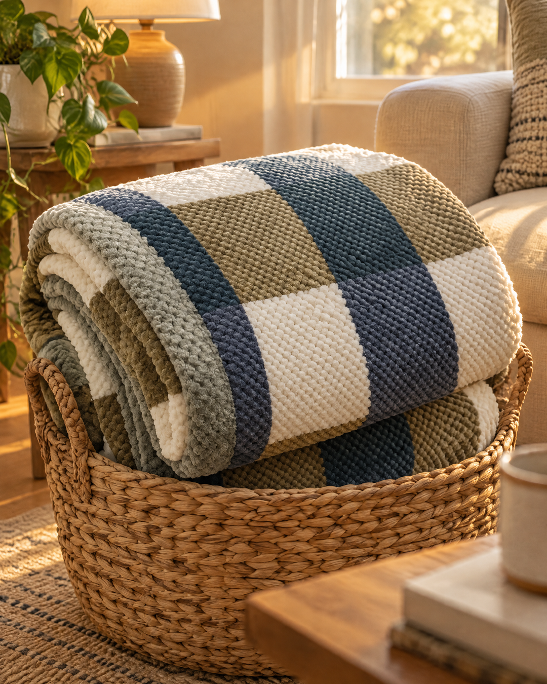 Chunky Chenille Knit Throw Blanket in Checkered and Stripe Designs