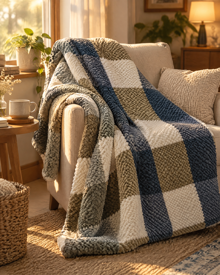 Chunky Chenille Knit Throw Blanket in Checkered and Stripe Designs
