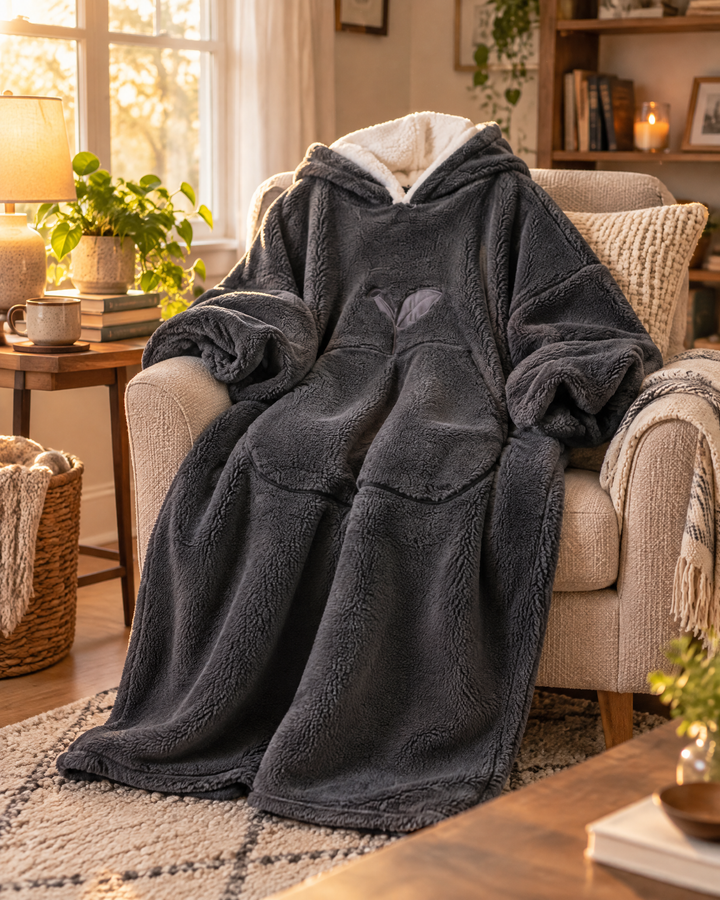 Extra Long Sherpa Blanket Hoodie for Adults with Big Pocket