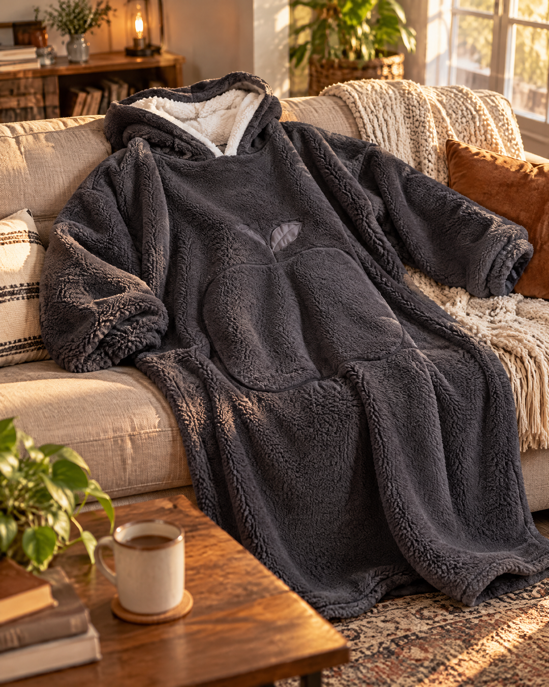 Extra Long Sherpa Blanket Hoodie for Adults with Big Pocket