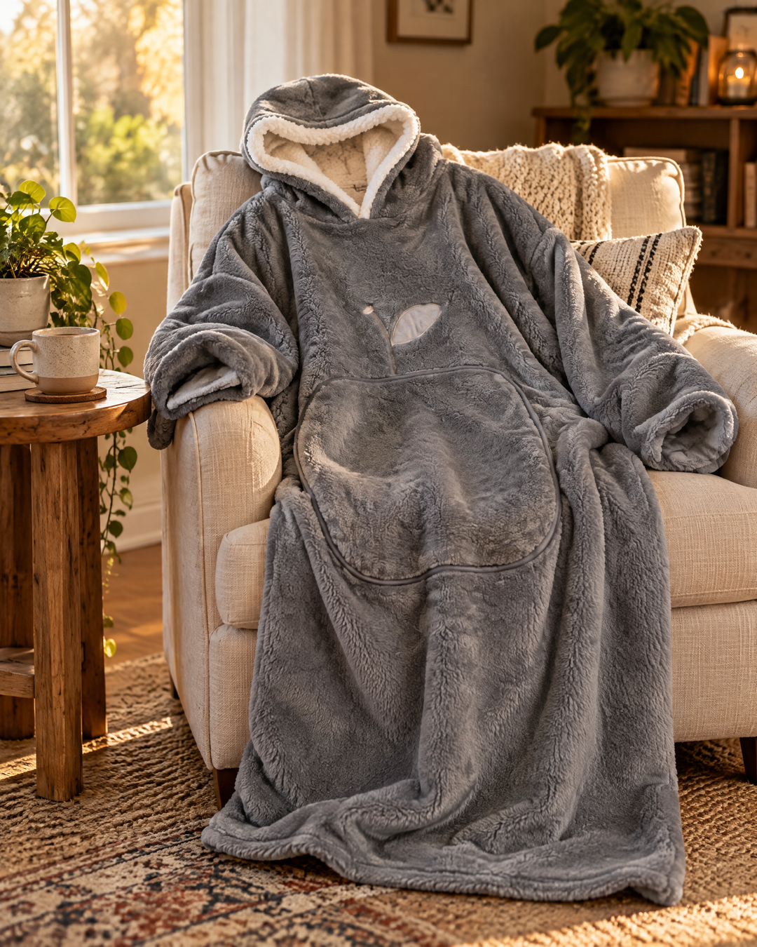 Extra Long Sherpa Blanket Hoodie for Adults with Big Pocket