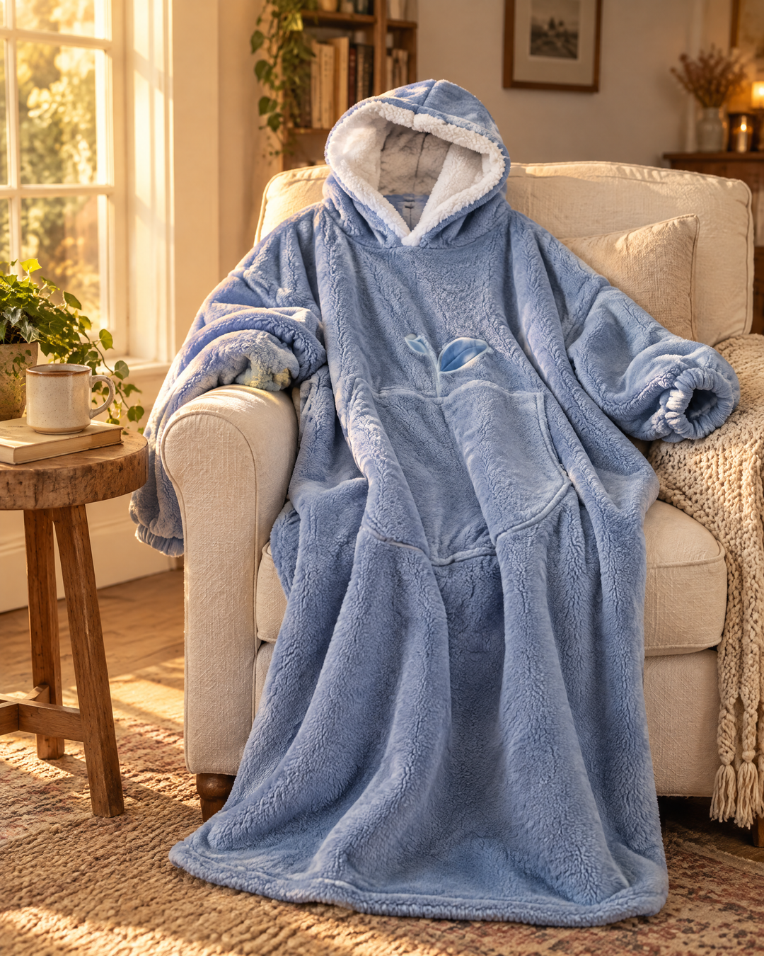 Extra Long Sherpa Blanket Hoodie for Adults with Big Pocket