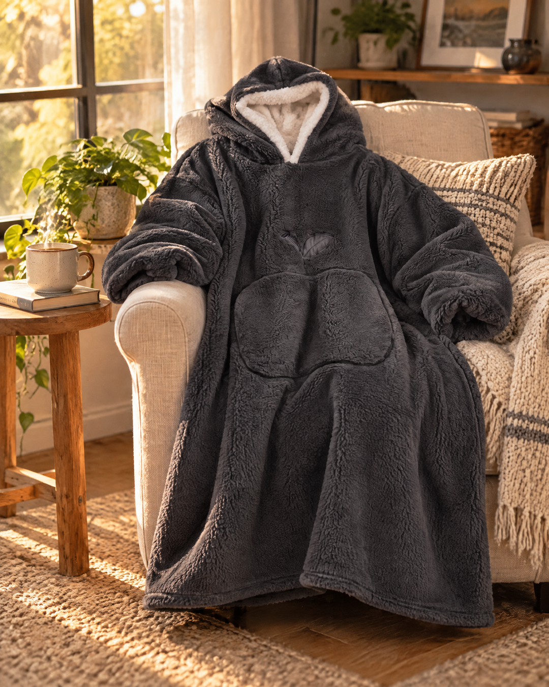 Extra Long Sherpa Blanket Hoodie for Adults with Big Pocket
