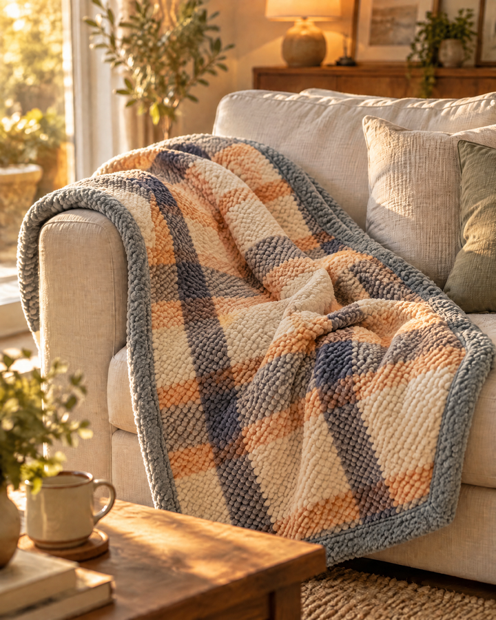 Chunky Chenille Knit Throw Blanket in Checkered and Stripe Designs