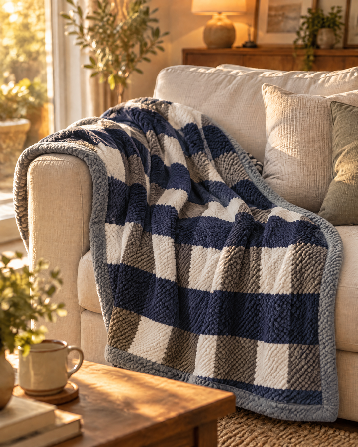 Chunky Chenille Knit Throw Blanket in Checkered and Stripe Designs